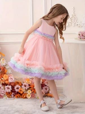 Purple rainbow frill net princess dress for girls 3