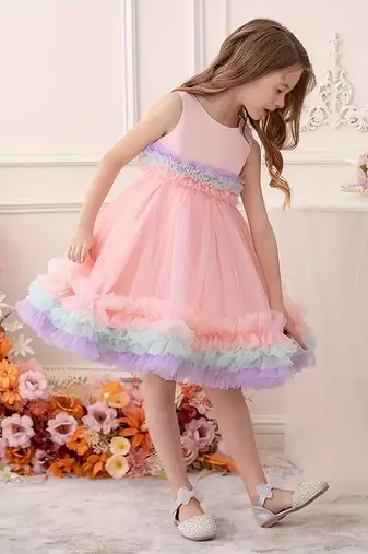 Purple rainbow frill net princess dress for girls