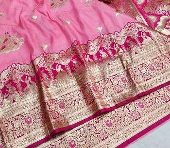 Pink zari woven silk blend saree with blouse piece 3