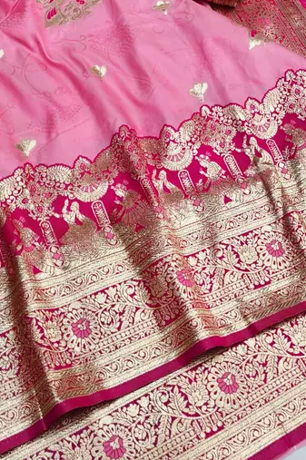 Pink zari woven silk blend saree with blouse piece