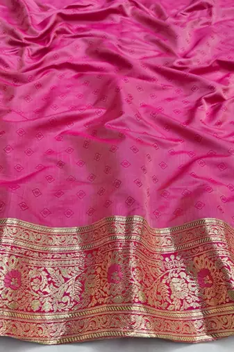 Pink zari woven silk blend saree with blouse piece