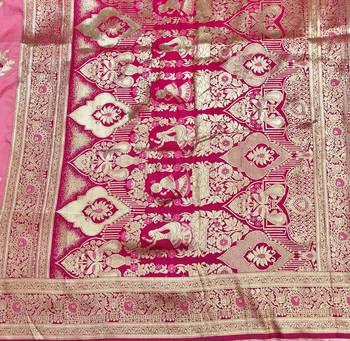 Pink zari woven silk blend saree with blouse piece 5