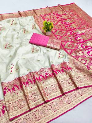 Cream zari woven silk blend saree with blouse piece 1