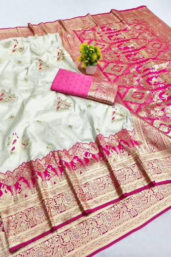 Cream zari woven banarasi silk blend saree with blouse piece