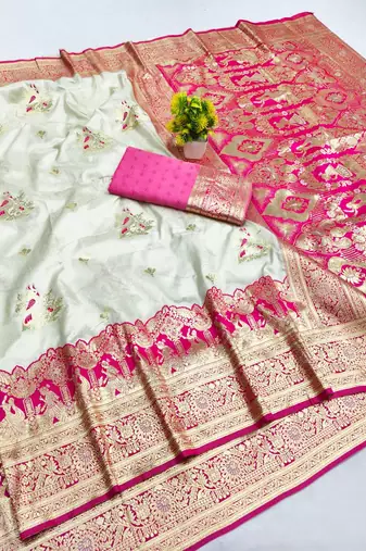 Cream zari woven banarasi silk blend saree with blouse piece