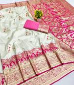 Cream zari woven banarasi silk blend saree with blouse piece