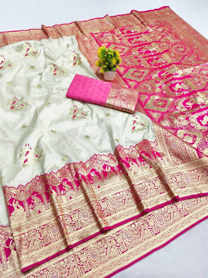Cream zari woven banarasi silk blend saree with blouse piece