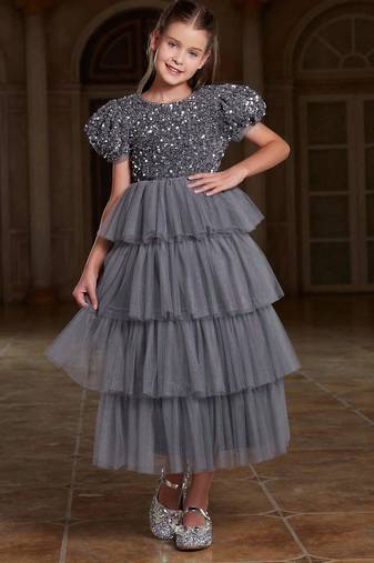 Grey sequin layered net party gown for girls