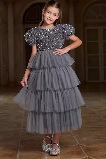 Grey sequin layered net party gown for girls