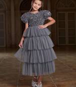Grey sequin layered net party gown for girls