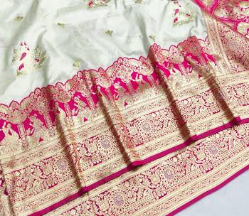 Cream zari woven silk blend saree with blouse piece 3