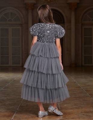 Grey sequin layered net party gown for girls 2