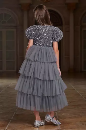 Grey sequin layered net party gown for girls