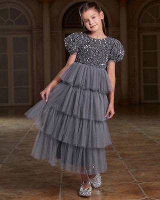 Grey sequin layered net party gown for girls 3