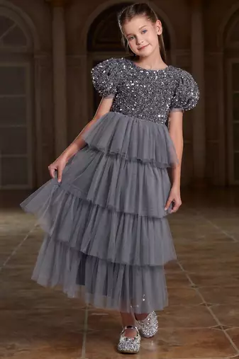 Grey sequin layered net party gown for girls