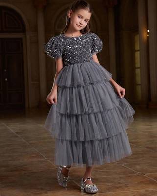 Grey sequin layered net party gown for girls 4