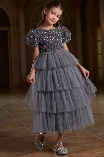 Grey sequin layered net party gown for girls