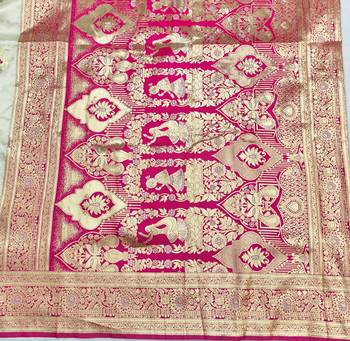 Cream zari woven silk blend saree with blouse piece 5