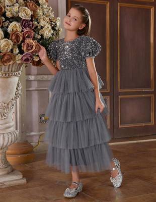 Grey sequin layered net party gown for girls 5