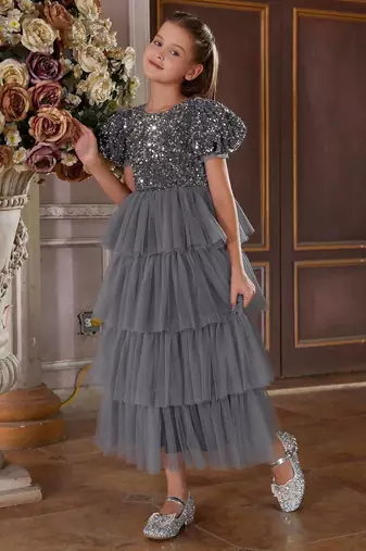 Grey sequin layered net party gown for girls