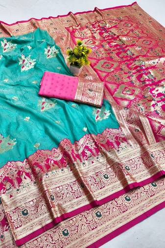 Blue zari woven banarasi silk blend saree with blouse piece