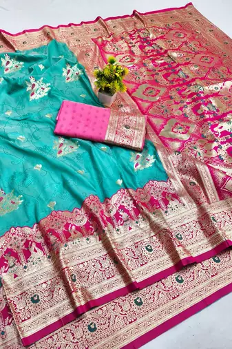 Blue zari woven silk blend saree with blouse piece