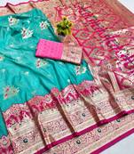 Blue zari woven banarasi silk blend saree with blouse piece