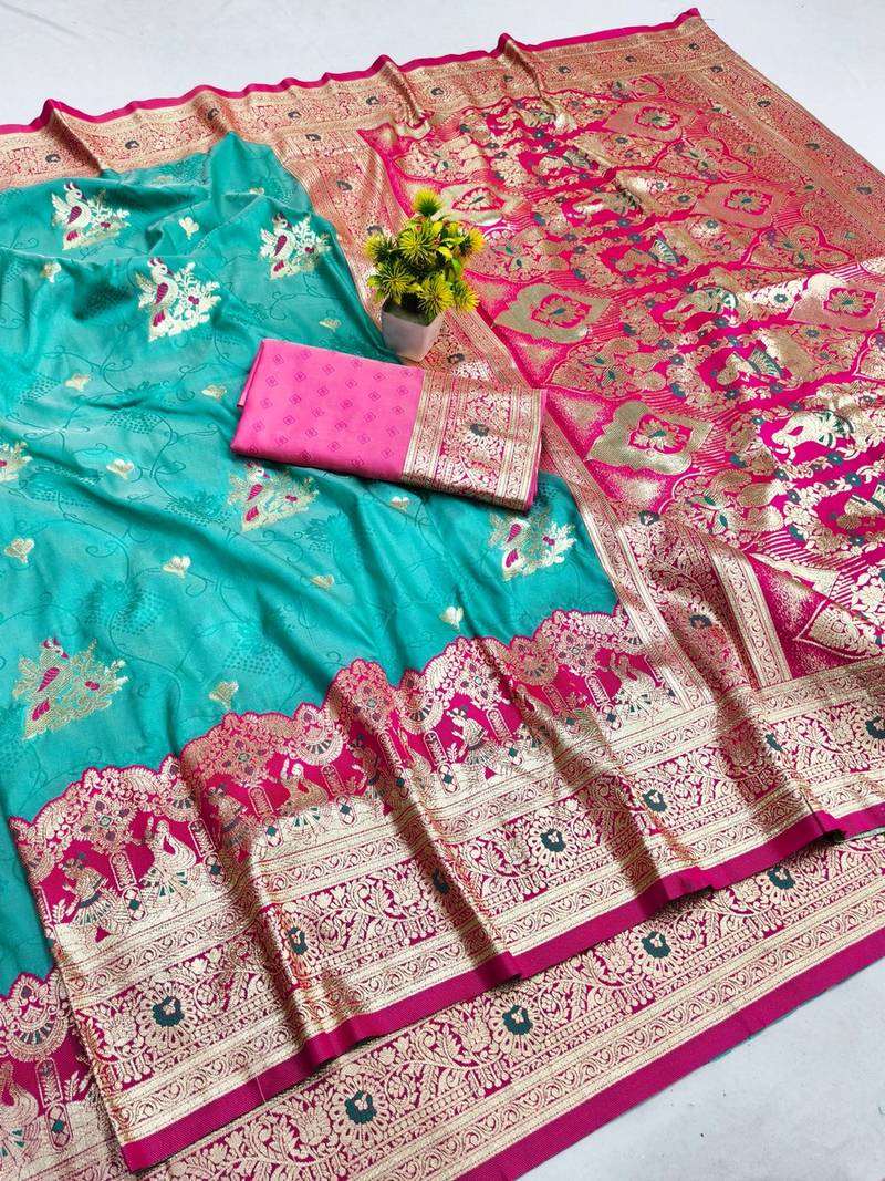 Blue zari woven banarasi silk blend saree with blouse piece