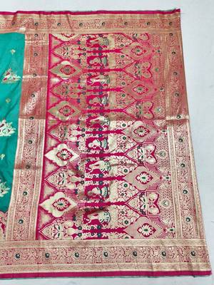 Blue zari woven silk blend saree with blouse piece 2