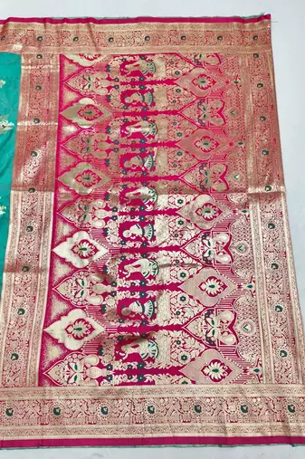 Blue zari woven silk blend saree with blouse piece
