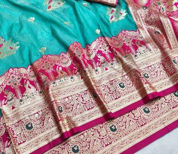 Blue zari woven silk blend saree with blouse piece 3