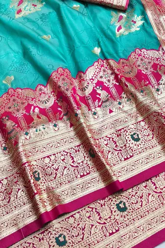 Blue zari woven silk blend saree with blouse piece