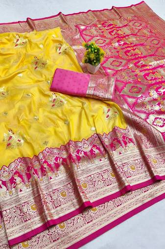 Gold zari woven banarasi silk blend saree with blouse piece