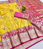 Gold zari woven banarasi silk blend saree with blouse piece