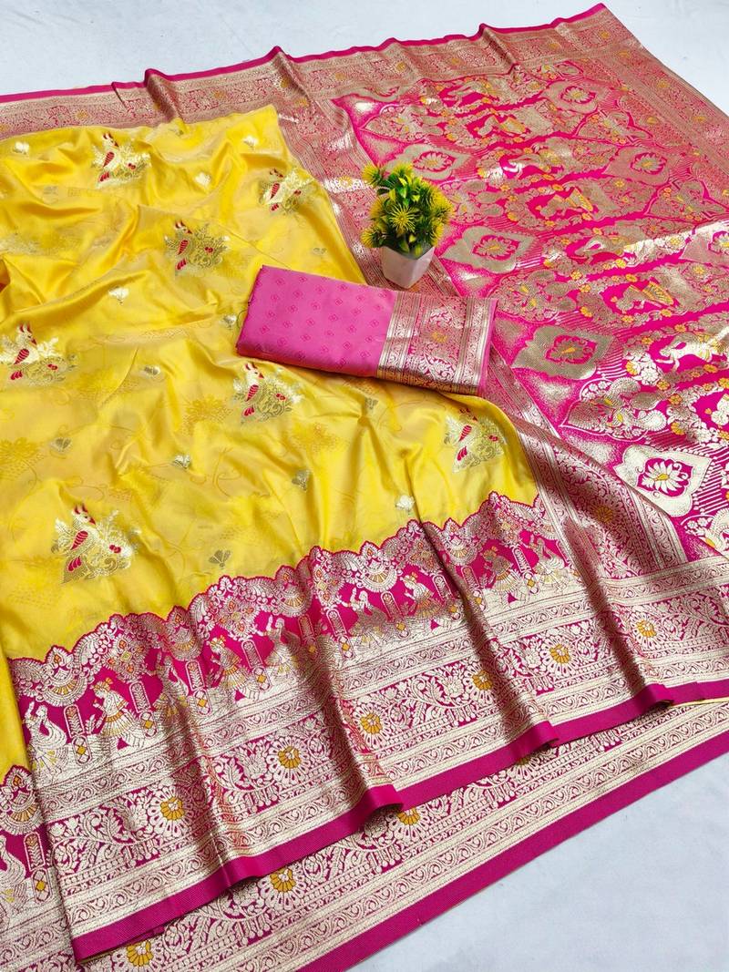 Gold zari woven banarasi silk blend saree with blouse piece