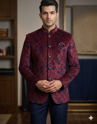 Wine color blue weaving velvet jodhpuri for men | premium designer bandhgala ethnic wear 1