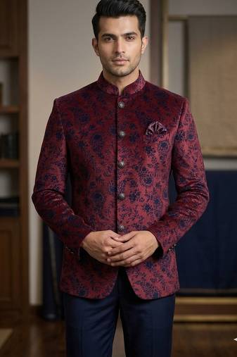 Wine color blue weaving velvet jodhpuri for men | premium designer bandhgala ethnic wear
