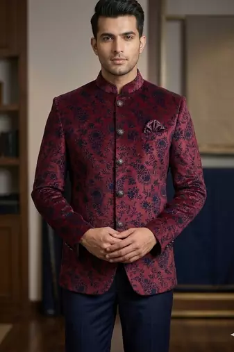 Wine color blue weaving velvet jodhpuri for men | premium designer bandhgala ethnic wear