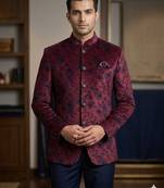 Wine color blue weaving velvet jodhpuri for men | premium designer bandhgala ethnic wear