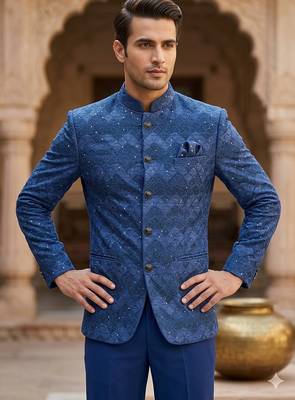 Blue color sequence jodhpuri for men | premium designer bandhgala ethnic wear 1