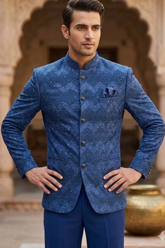 Blue color sequence jodhpuri for men | premium designer bandhgala ethnic wear