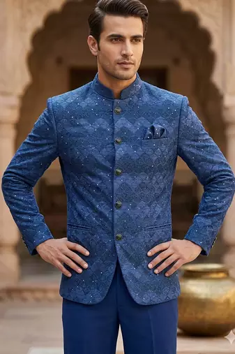 Blue color sequence jodhpuri for men | premium designer bandhgala ethnic wear