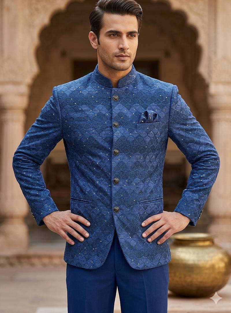 Blue color sequence jodhpuri for men | premium designer bandhgala ethnic wear