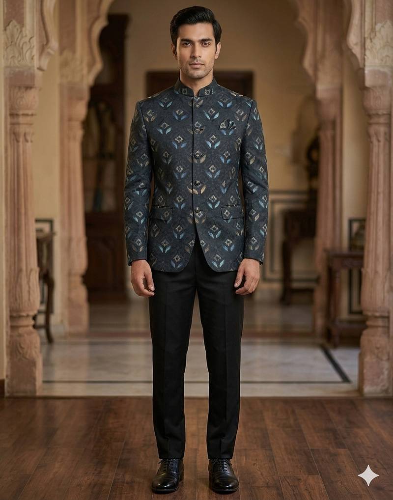 Grey color embroidery hand paint jodhpuri for men | premium designer bandhgala ethnic wear