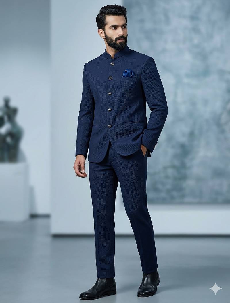Blue color knitted jodhpuri for men | premium designer bandhgala ethnic wear