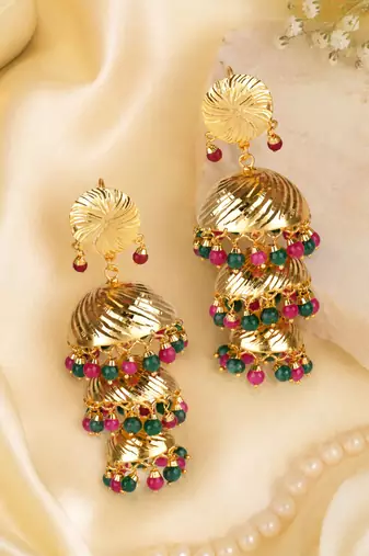 Wedding wear three tier ruby emerald beaded jhumkas
