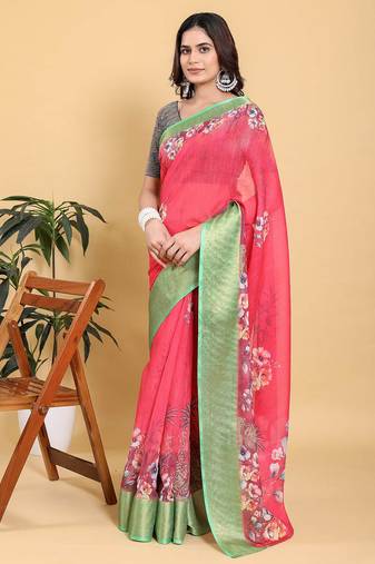 coral colour Ready to wear elegant print linen cotton saree with jacquard border & unstitched blouse