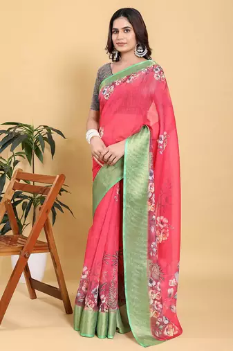 coral colour Ready to wear elegant print linen cotton saree with jacquard border & unstitched blouse