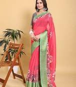 coral colour Ready to wear elegant print linen cotton saree with jacquard border & unstitched blouse
