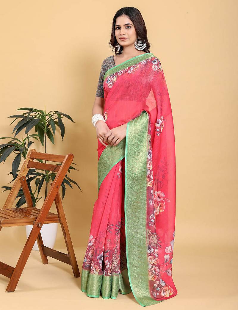 coral colour Ready to wear elegant print linen cotton saree with jacquard border & unstitched blouse